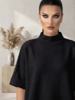 Μπλούζα Oversized με Όρθιο Γιακά & Πλεκτές Λεπτομέρειες