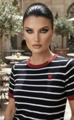 Ριγέ λεπτό Πουλόβερ με Κοντό Μανίκι & Διακοσμητική Ραμμένη Καρδιά