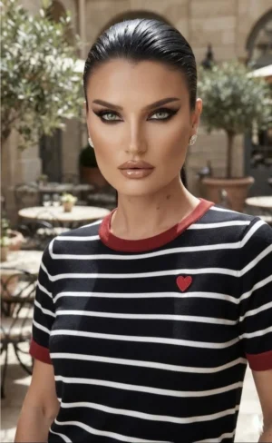 Ριγέ λεπτό Πουλόβερ με Κοντό Μανίκι & Διακοσμητική Ραμμένη Καρδιά