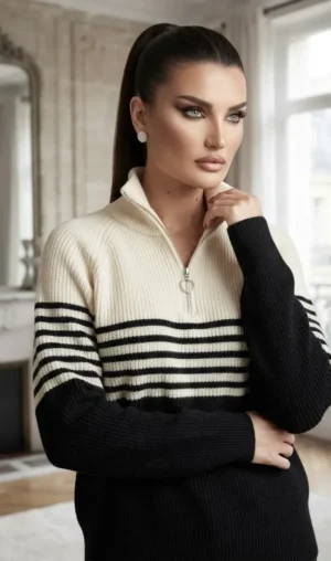 Πουλόβερ Ribbed με Ρίγες και Silver-Tone Φερμουάρ