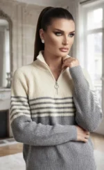 Πουλόβερ Ribbed με Ρίγες και Silver-Tone Φερμουάρ