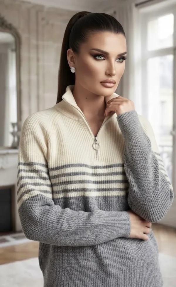 Πουλόβερ Ribbed με Ρίγες και Silver-Tone Φερμουάρ