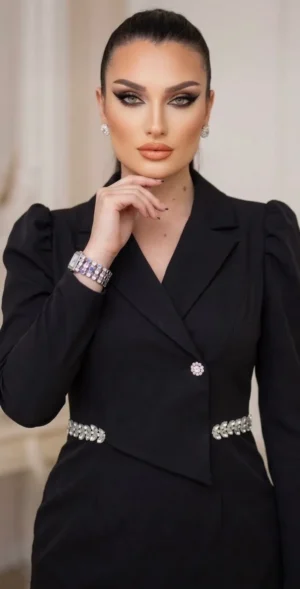 Mini Μαύρο Φόρεμα με Strass & Μανίκια Φανάρακι
